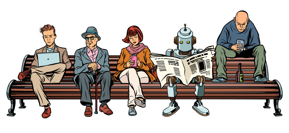 People and a robot sitting on a Park bench. Pop art retro vector illustration kitsch vintage